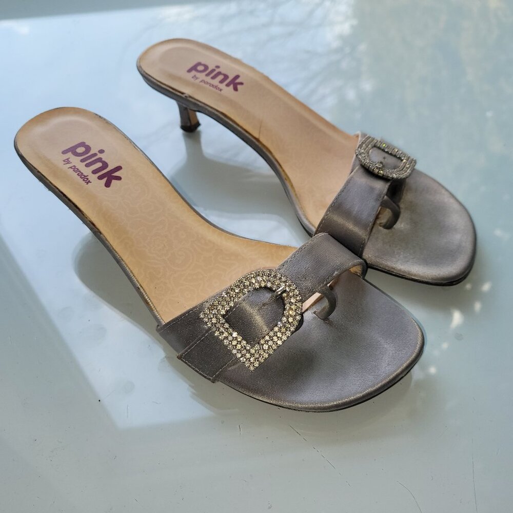 Vintage Y2K Kitten Heel Silver Mules with Rhinestone Buckle Size 37